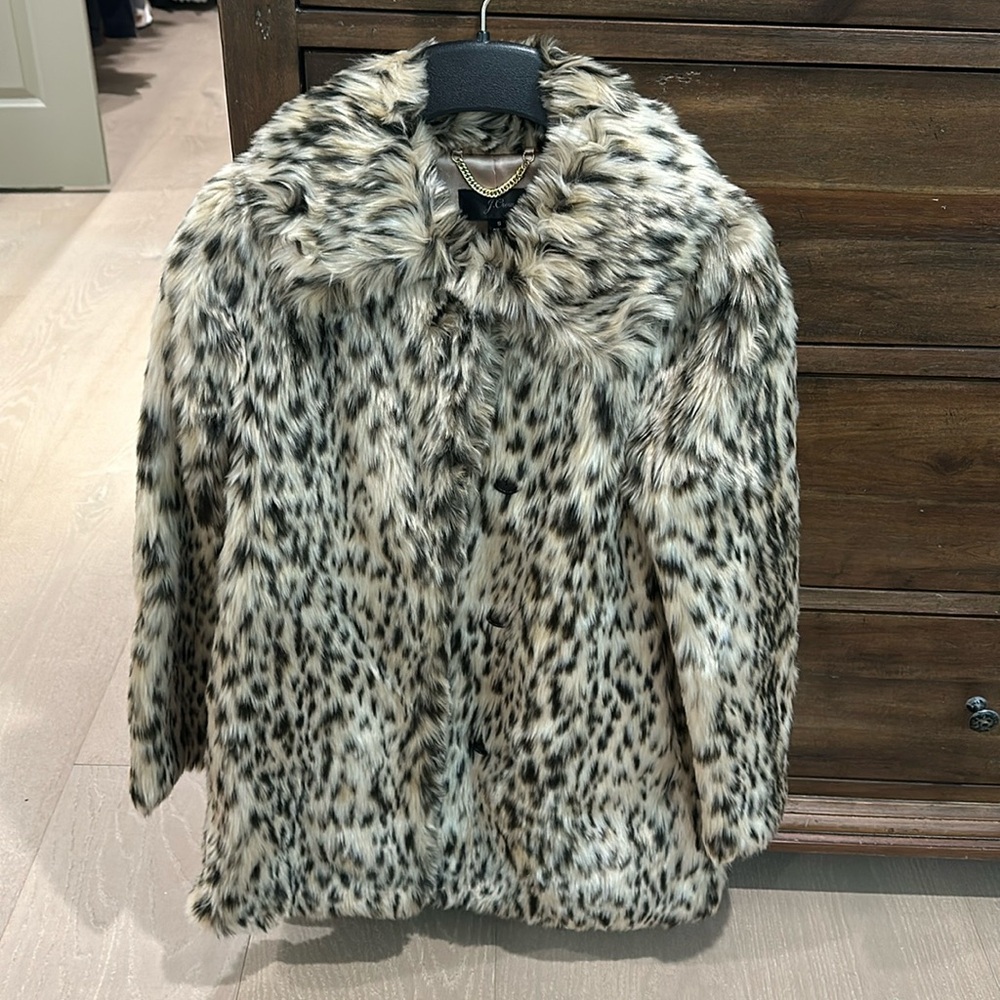J Crew Leopard Print Fur Mid Length Jacket